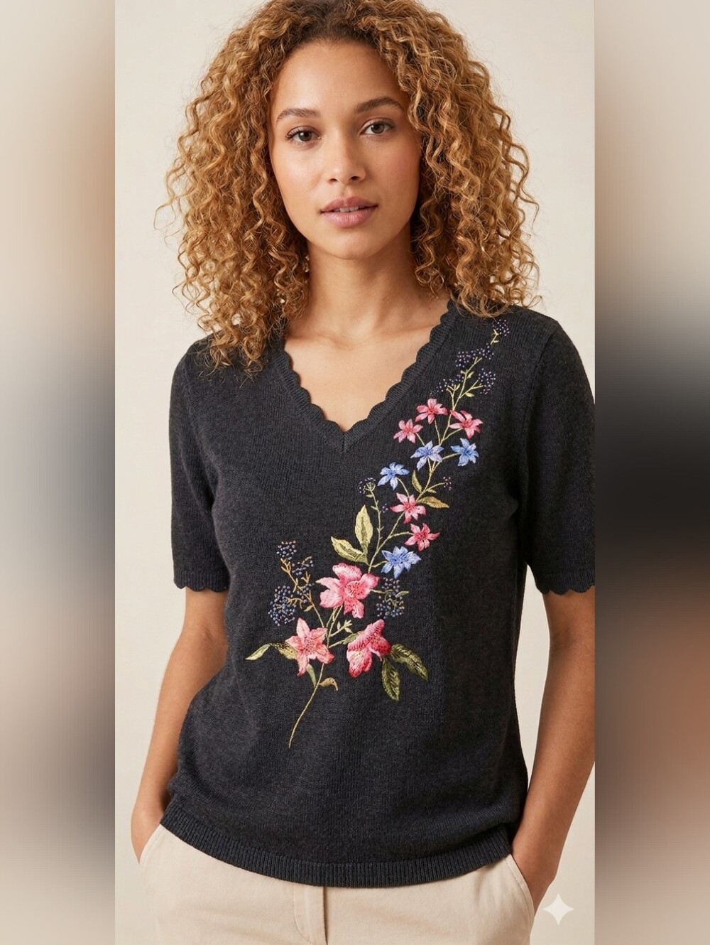 Alfred Dunner Vintage Beaded Embroidered Floral Ramie Cotton Knit Sweater PS
